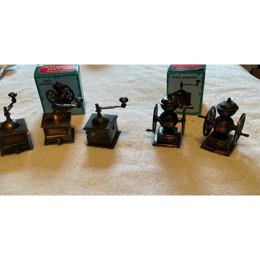 Lot 5 Die-Cast Pencil Sharpeners Minatures #9624 Coffee Mill, #8755 Grinder